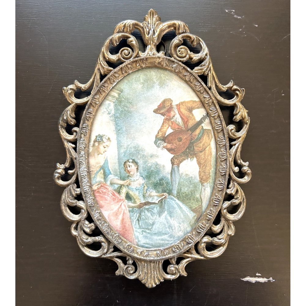 Vintage Italy Ornate Gilt Brass Tone Metal Picture Frame Glass 5x6.5